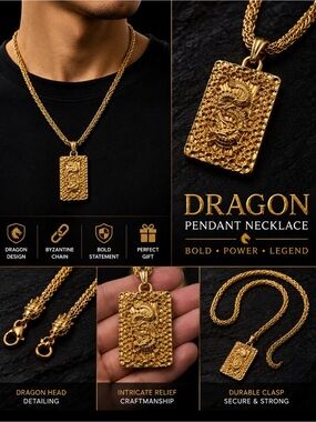 Men’s Sand Gold Dragon Pendant Necklace Non-Fading Byzantine Chain